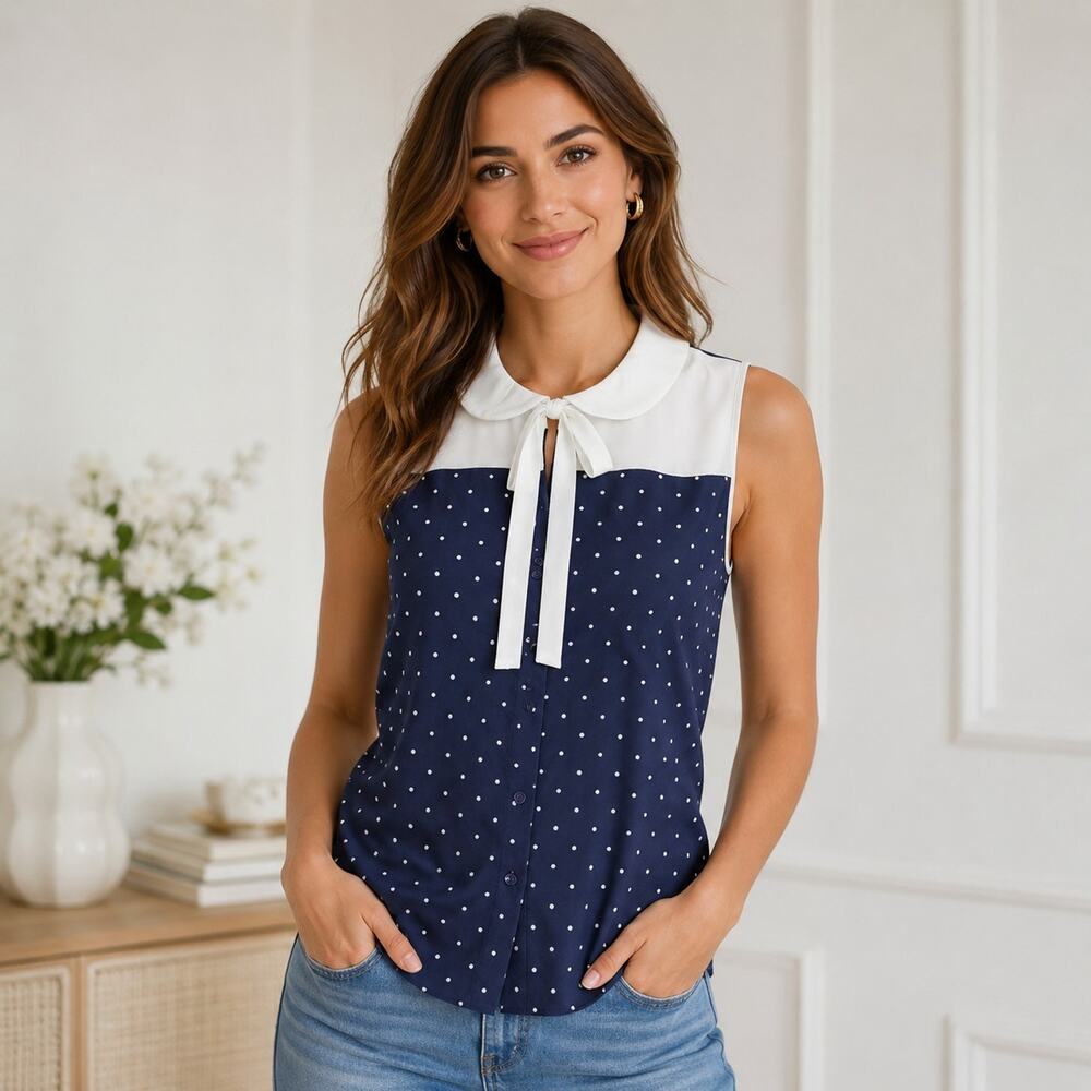 Tulip B Womens Small Navy Polka Dot Peter Pan Collar Tie Neck Blouse NWT